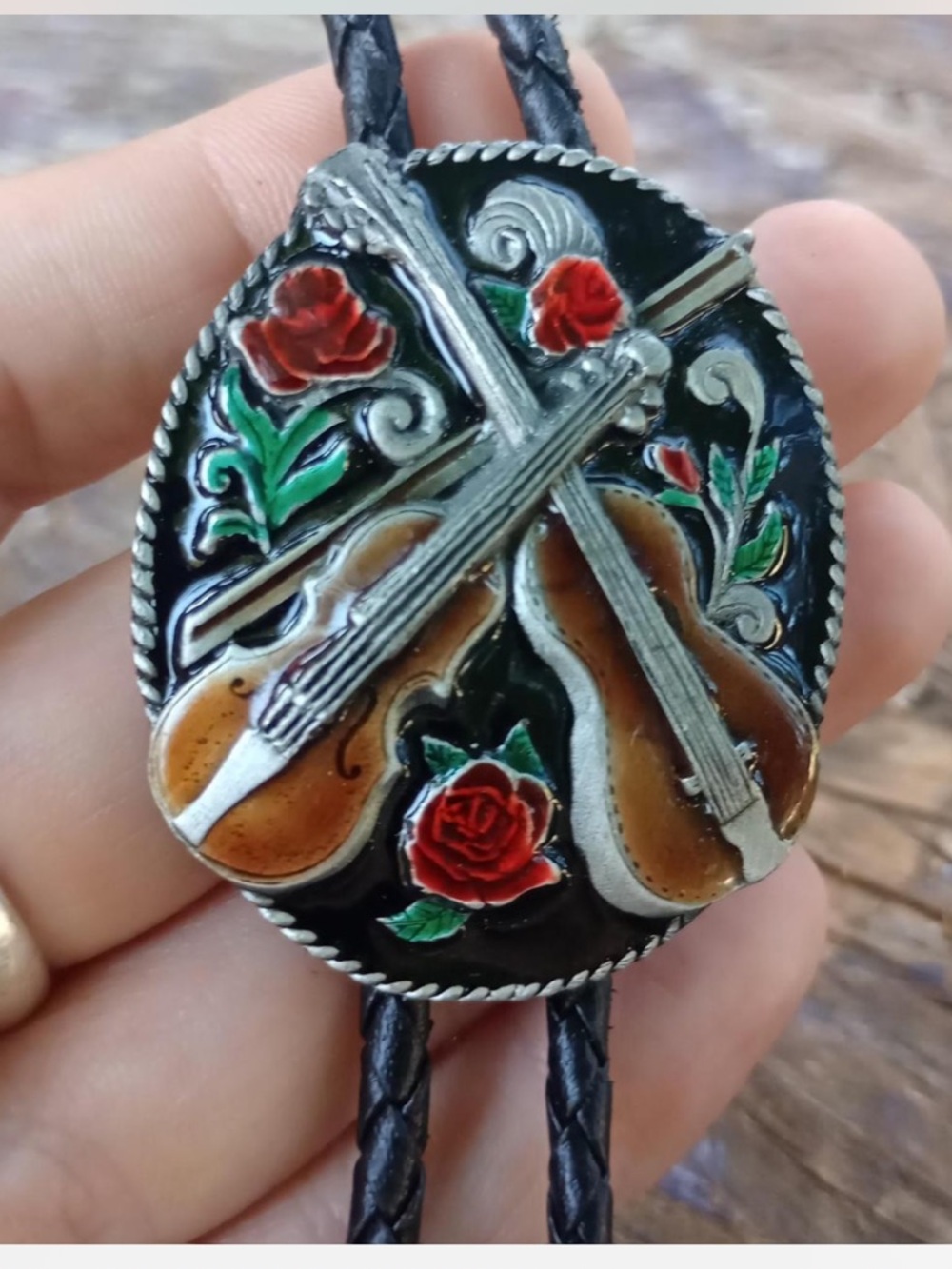 Black Braided Bolo Tie Necklace with Hand-Painted Floral and Guitar Slide - Picture 2 of 5